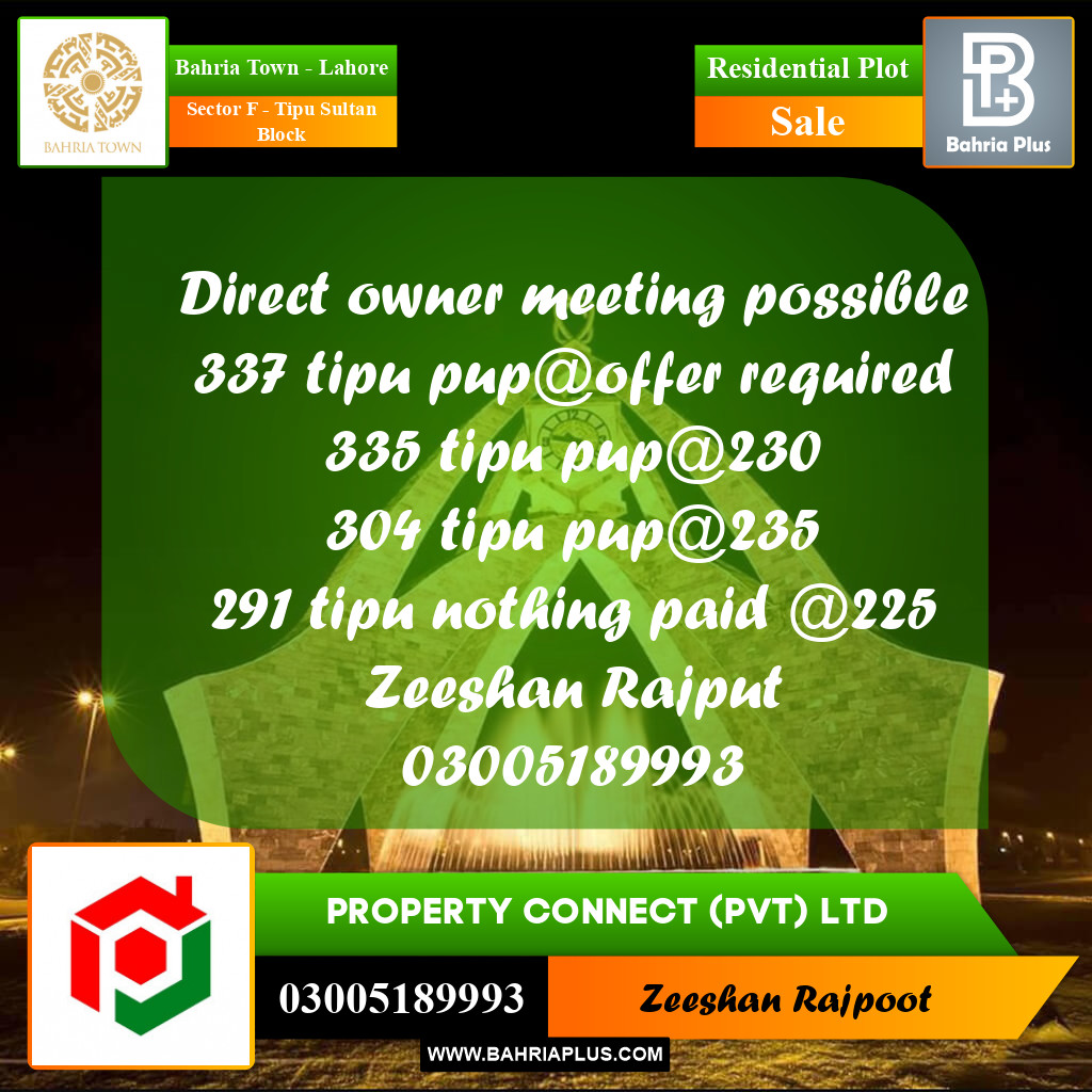 Residential Plot for Sale in Sector F - Tipu Sultan Block -  Bahria Town, Lahore - (BP-306804)