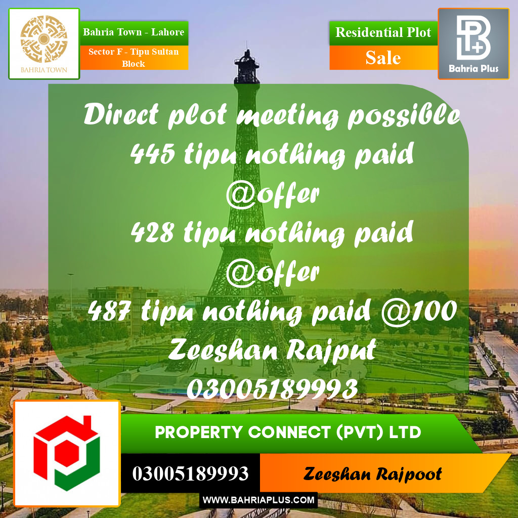 Residential Plot for Sale in Sector F - Tipu Sultan Block -  Bahria Town, Lahore - (BP-306805)