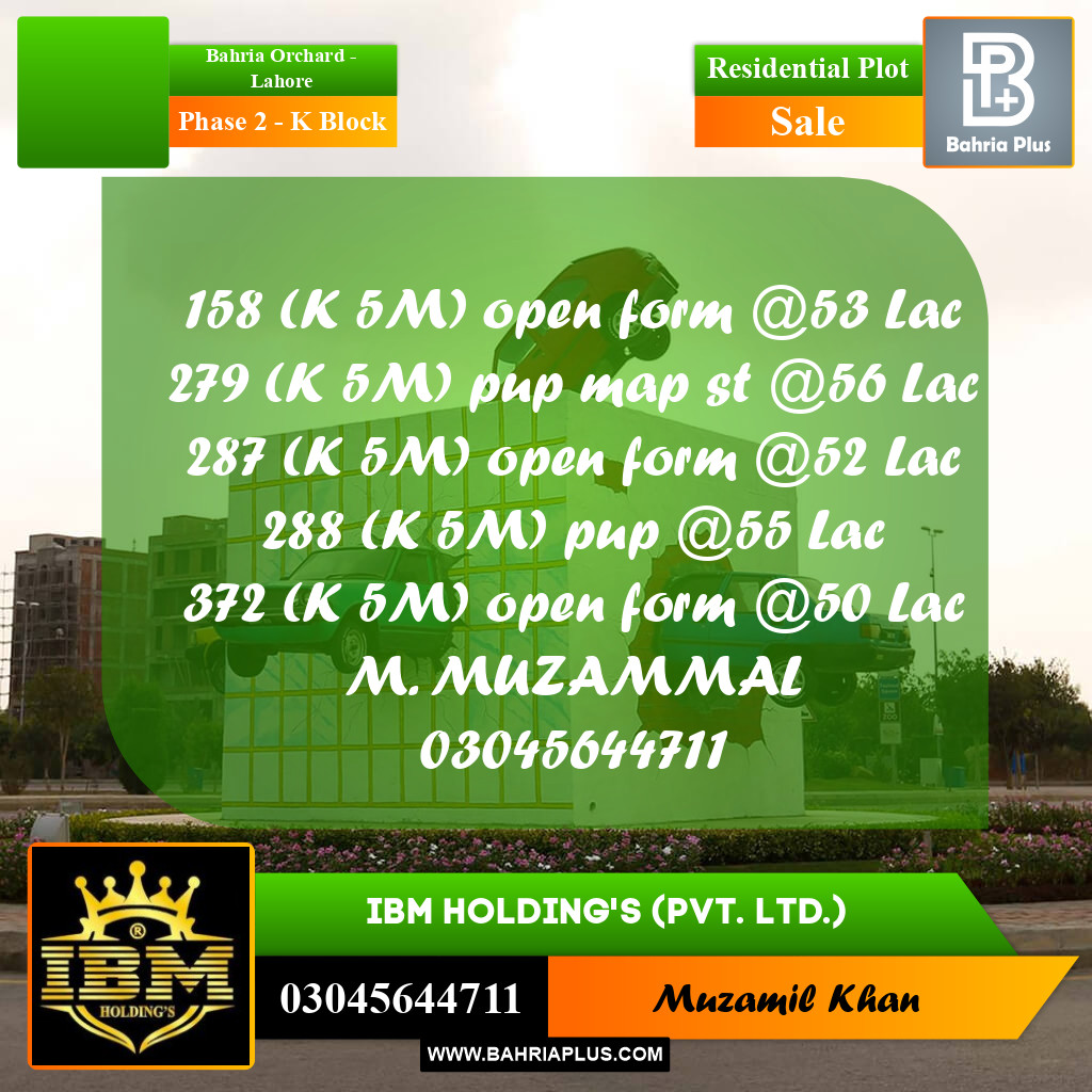 5 Marla Residential Plot for Sale in Phase 2 - K Block -  Bahria Orchard, Lahore - (BP-306874)