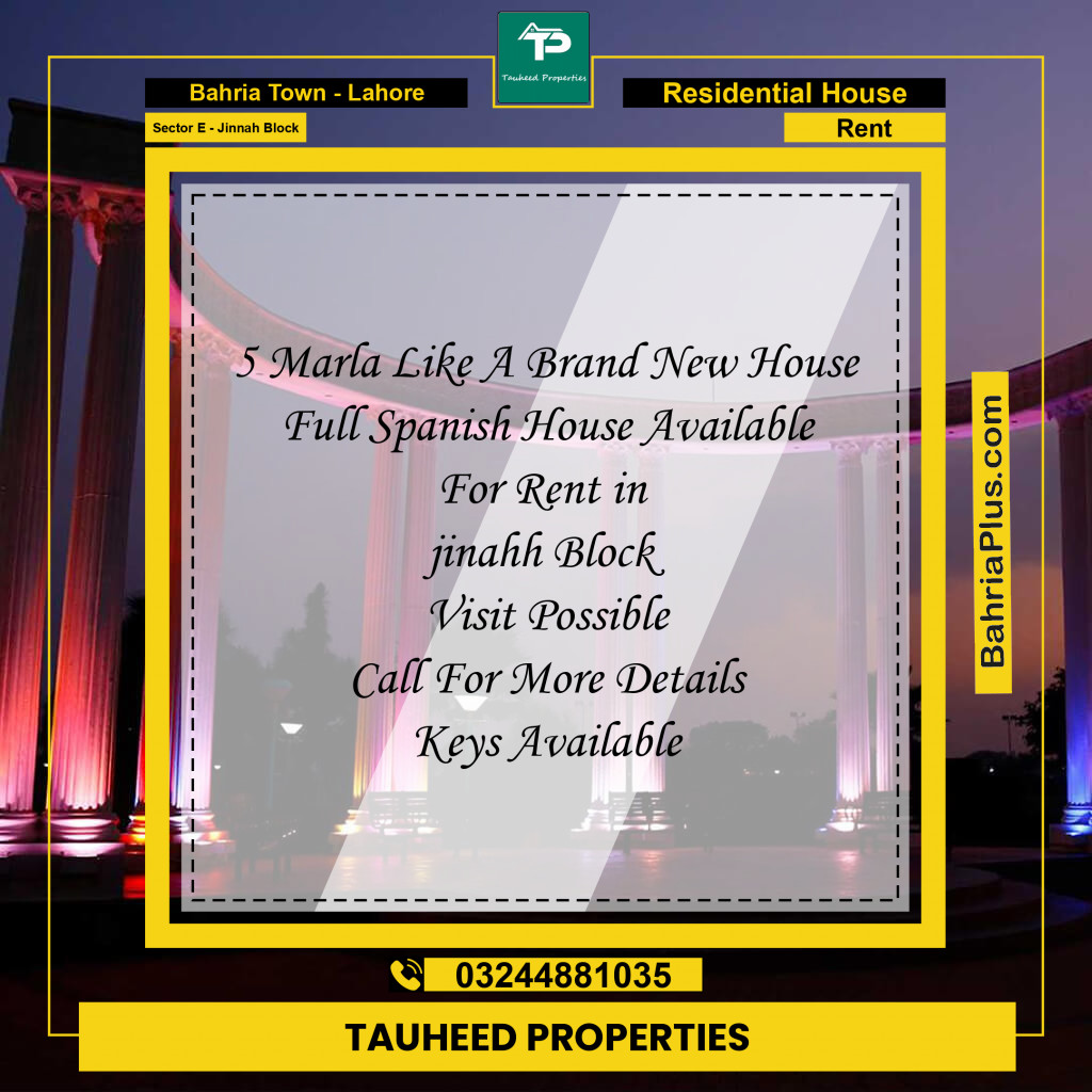 5 Marla Residential House for Rent in Sector E - Jinnah Block -  Bahria Town, Lahore - (BP-307011)