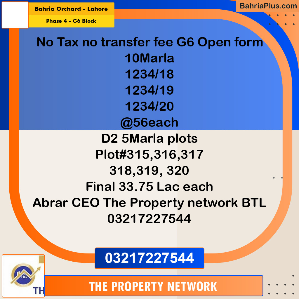10 Marla Residential Plot for Sale in Phase 4 - G6 Block -  Bahria Orchard, Lahore - (BP-307053)