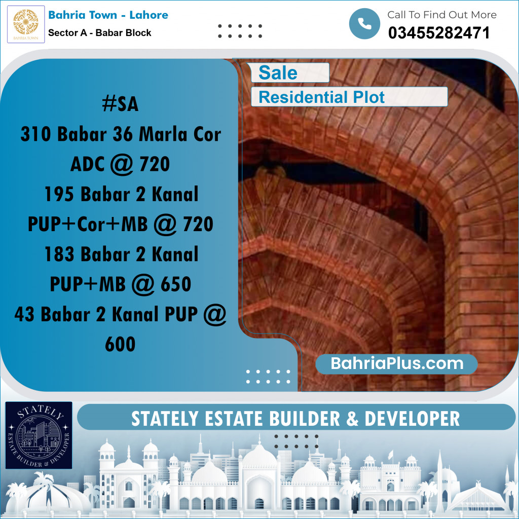 Residential Plot for Sale in Sector A - Babar Block -  Bahria Town, Lahore - (BP-307063)