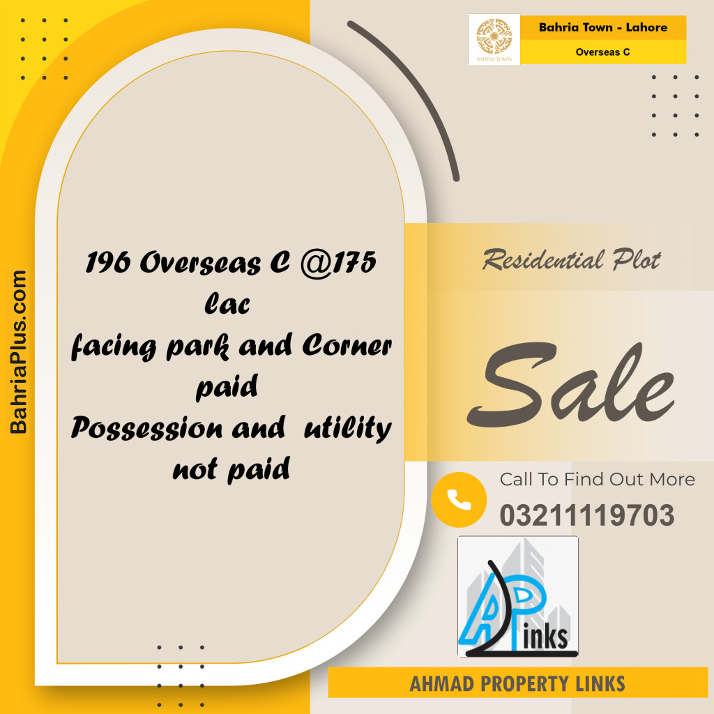 10 Marla Residential Plot for Sale in Overseas C -  Bahria Town, Lahore - (BP-307100)