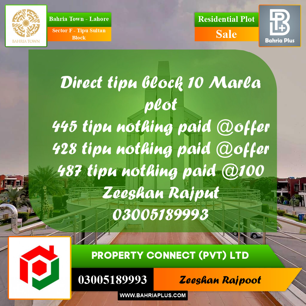 Residential Plot for Sale in Sector F - Tipu Sultan Block -  Bahria Town, Lahore - (BP-307163)