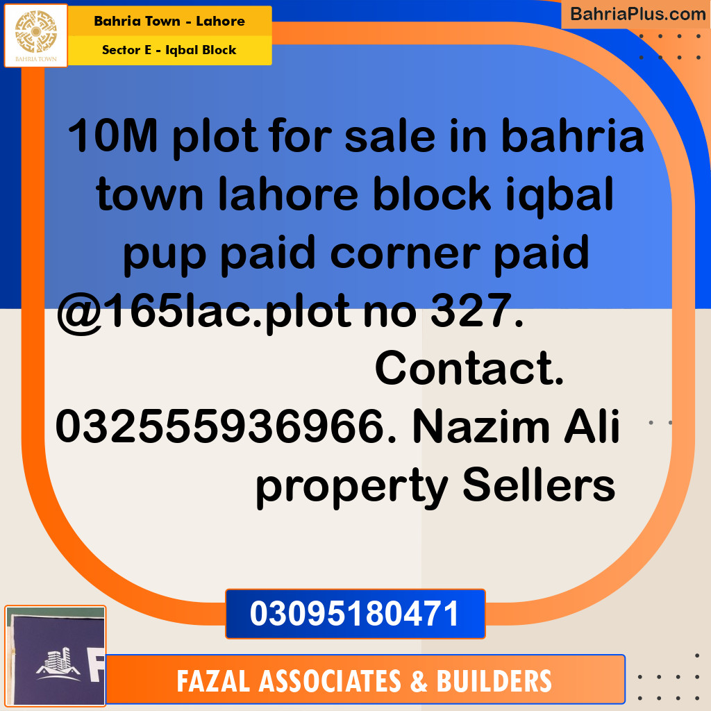 10 Marla Residential Plot for Sale in Sector E - Iqbal Block -  Bahria Town, Lahore - (BP-307184)