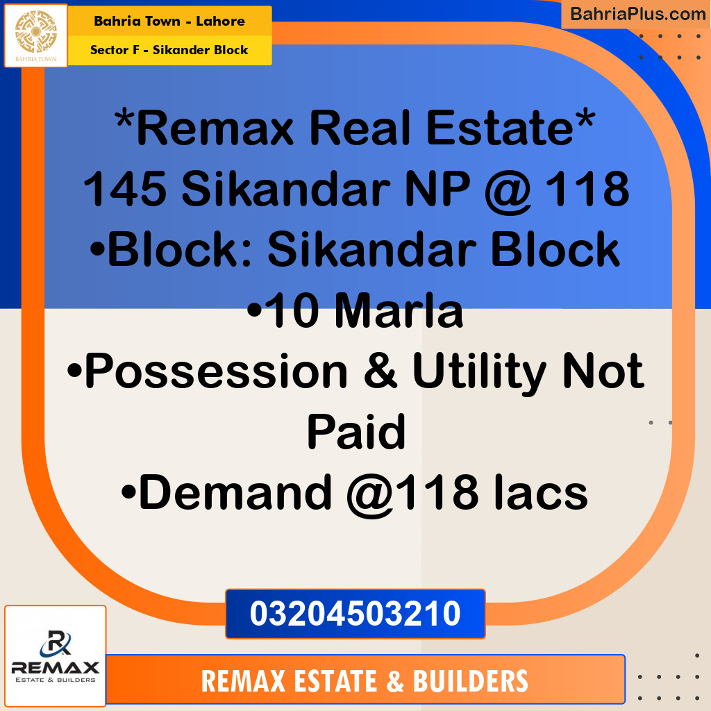 10 Marla Residential Plot for Sale in Sector F - Sikander Block -  Bahria Town, Lahore - (BP-307250)
