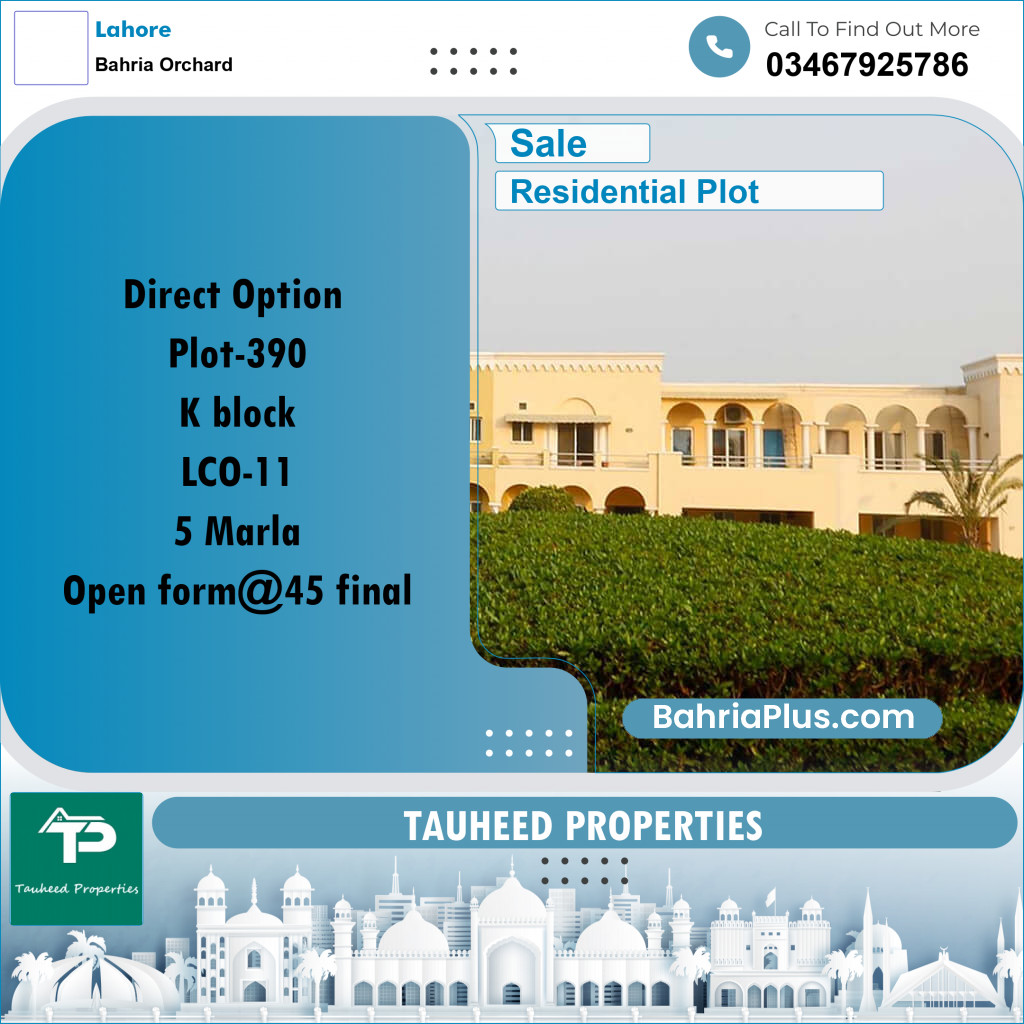 5 Marla Residential Plot for Sale in Bahria Orchard, Lahore - (BP-307356)