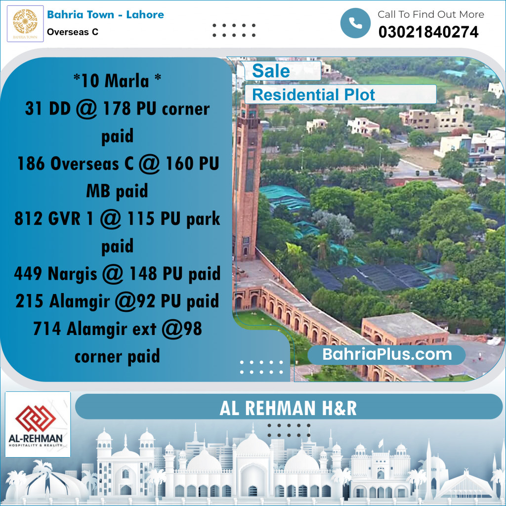 10 Marla Residential Plot for Sale in Overseas C -  Bahria Town, Lahore - (BP-307417)