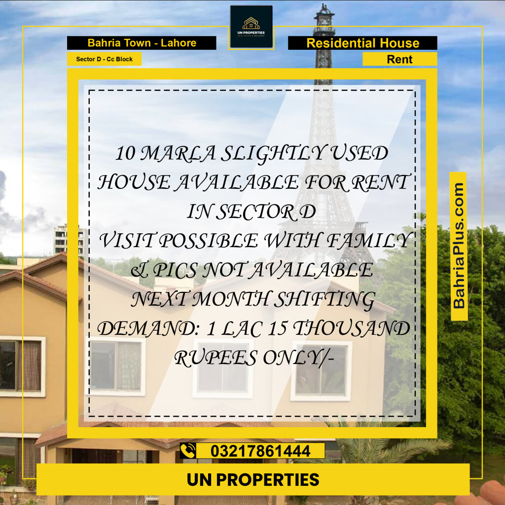 10 Marla Residential House for Rent in Sector D - CC Block -  Bahria Town, Lahore - (BP-307475)