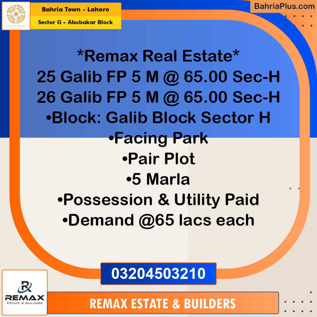 5 Marla Residential Plot for Sale in Sector G - Abubakar Block -  Bahria Town, Lahore - (BP-307525)