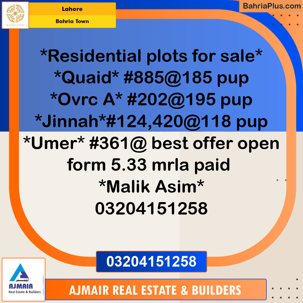 Residential Plot for Sale in Bahria Town, Lahore - (BP-307593)