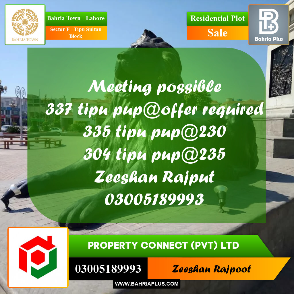 Residential Plot for Sale in Sector F - Tipu Sultan Block -  Bahria Town, Lahore - (BP-307622)