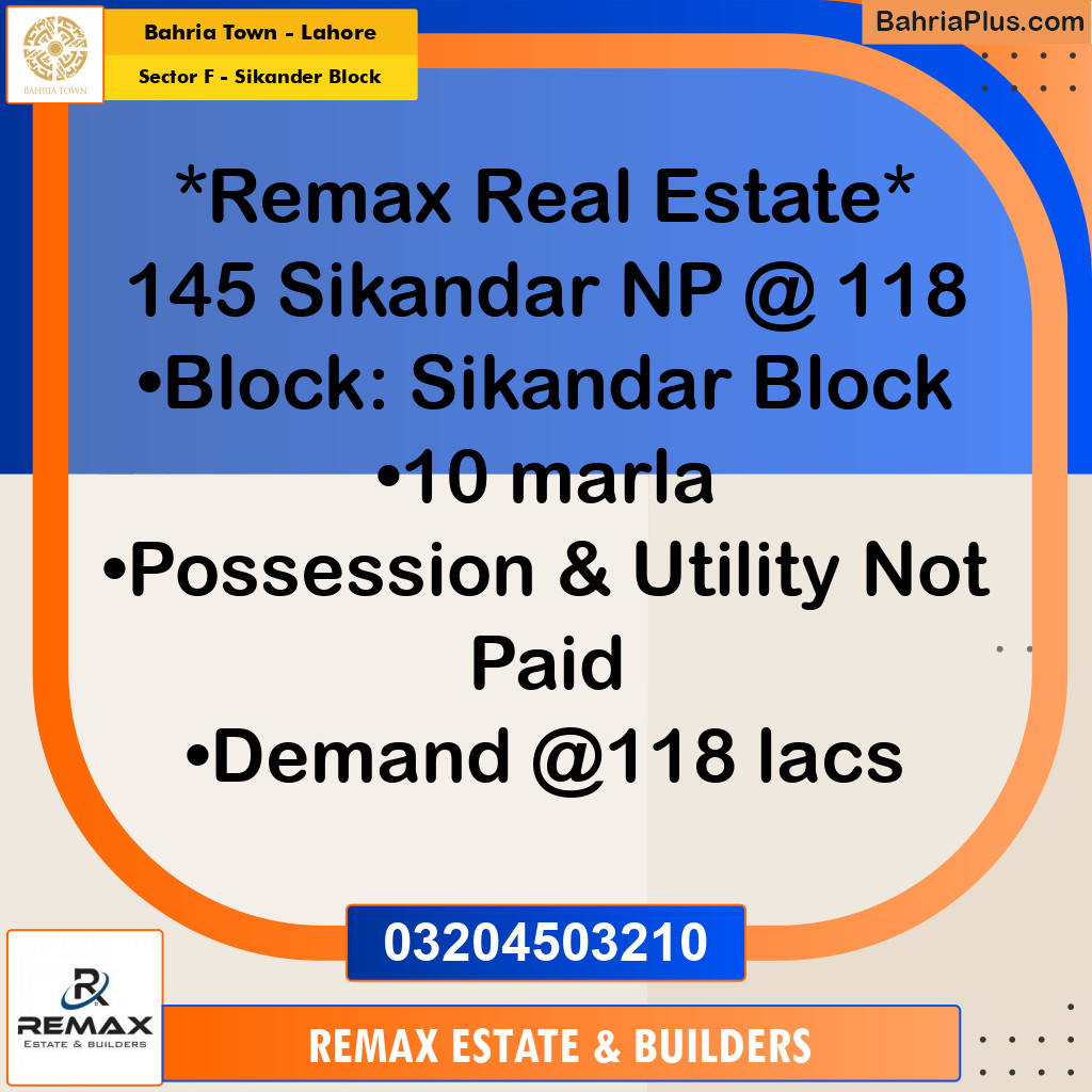 10 Marla Residential Plot for Sale in Sector F - Sikander Block -  Bahria Town, Lahore - (BP-307676)