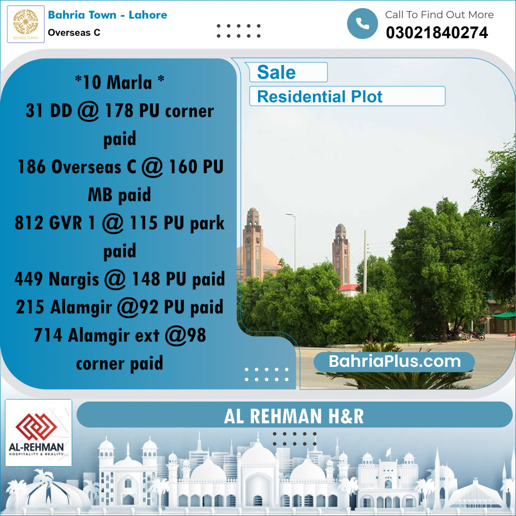 10 Marla Residential Plot for Sale in Overseas C -  Bahria Town, Lahore - (BP-307730)