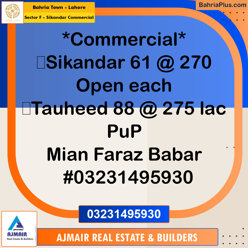 5 Marla Commercial Plot for Sale in Sector F - Sikandar Commercial -  Bahria Town, Lahore - (BP-307732)