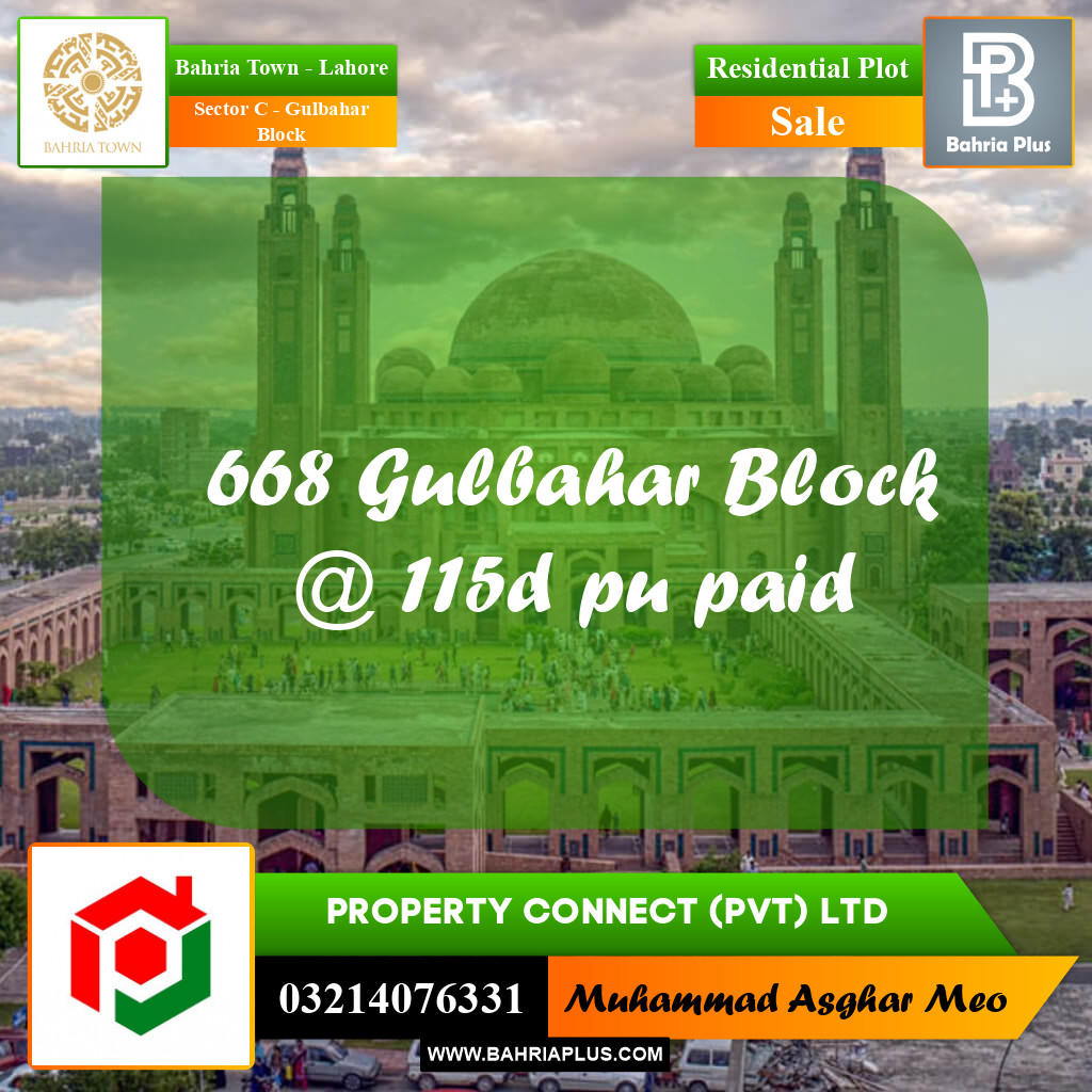 10 Marla Residential Plot for Sale in Sector C - Gulbahar Block -  Bahria Town, Lahore - (BP-307761)
