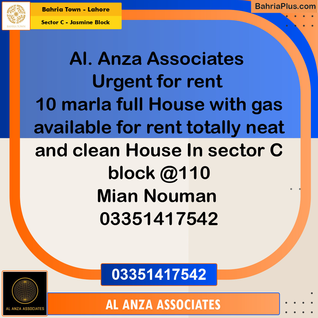 10 Marla Residential House for Rent in Sector C - Jasmine Block -  Bahria Town, Lahore - (BP-307790)