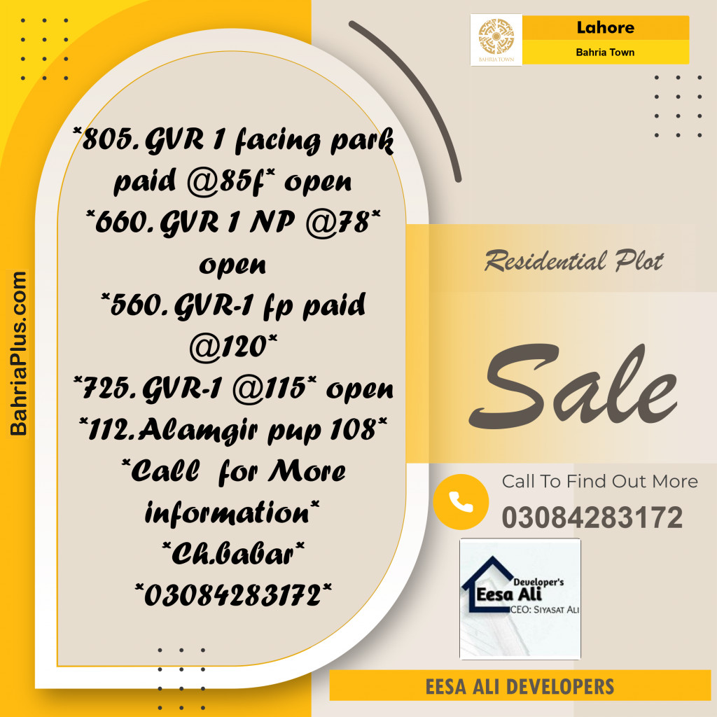 Residential Plot for Sale in Bahria Town, Lahore - (BP-307855)
