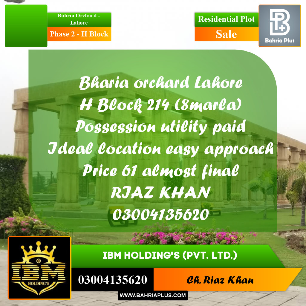 8 Marla Residential Plot for Sale in Phase 2 - H Block -  Bahria Orchard, Lahore - (BP-307869)