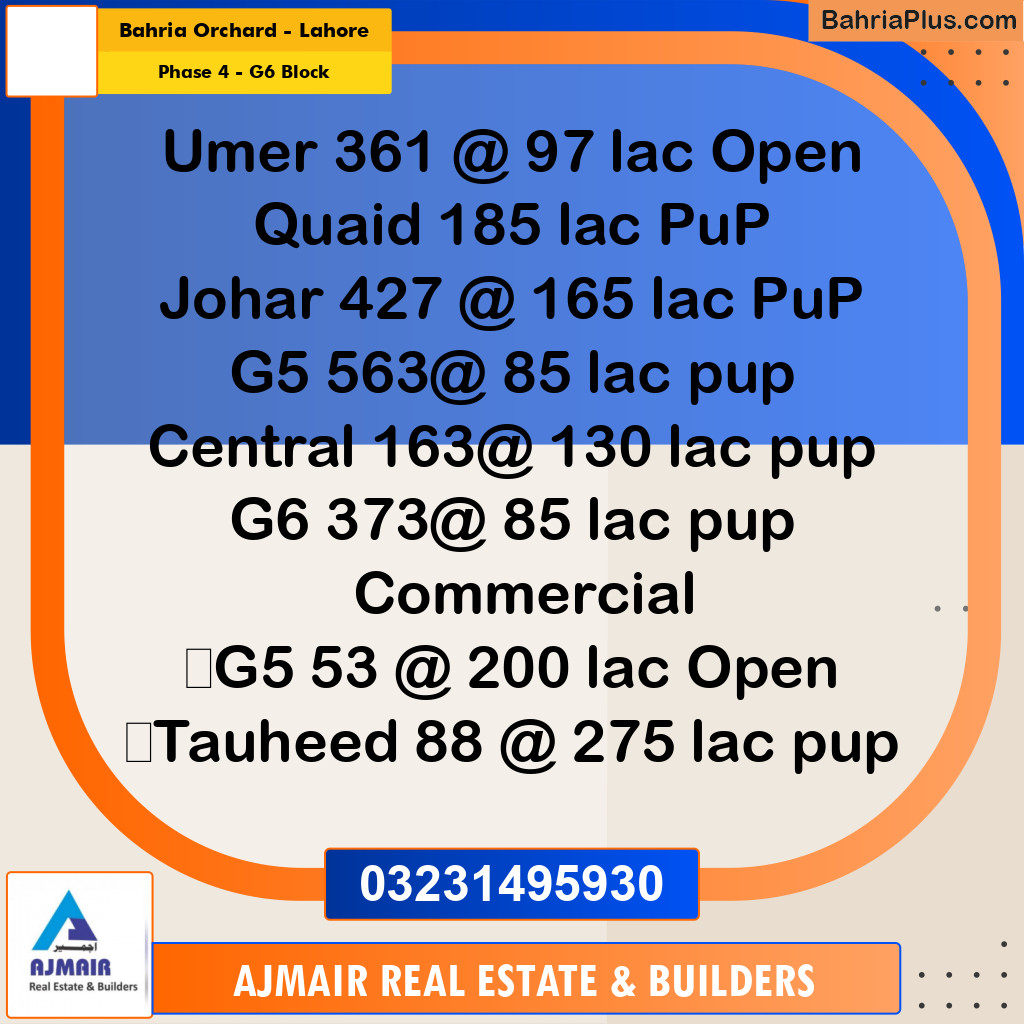 10 Marla Residential Plot for Sale in Phase 4 - G6 Block -  Bahria Orchard, Lahore - (BP-307873)