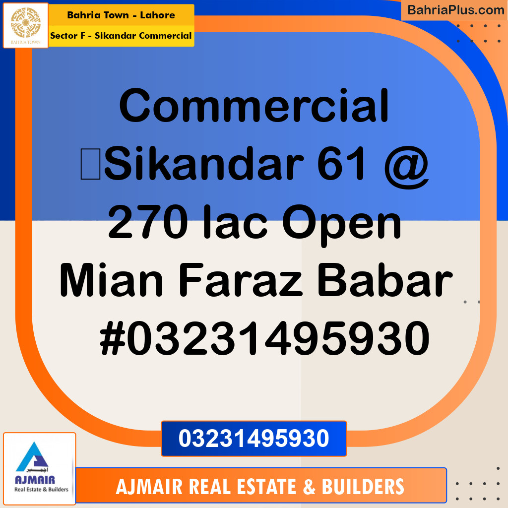 5 Marla Commercial Plot for Sale in Sector F - Sikandar Commercial -  Bahria Town, Lahore - (BP-307907)