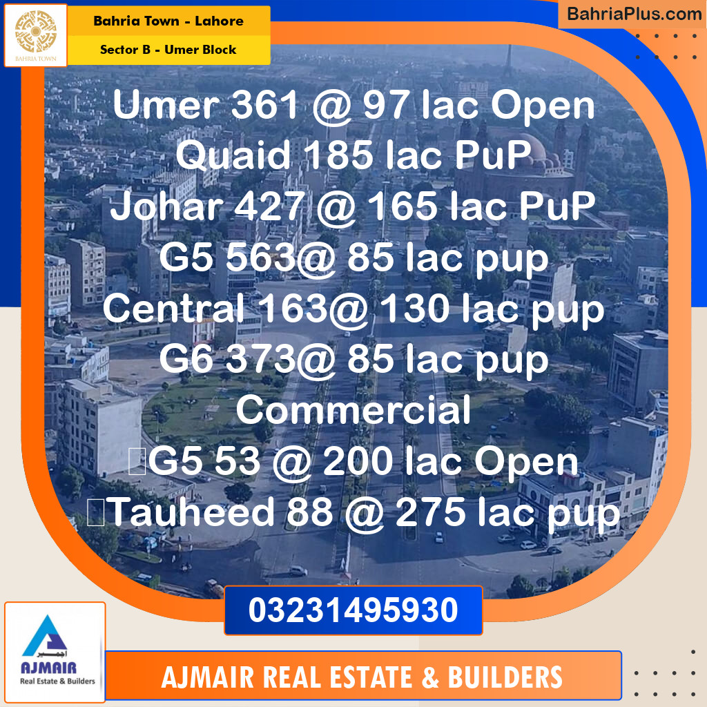 6 Marla Residential Plot for Sale in Sector B - Umer Block -  Bahria Town, Lahore - (BP-307997)