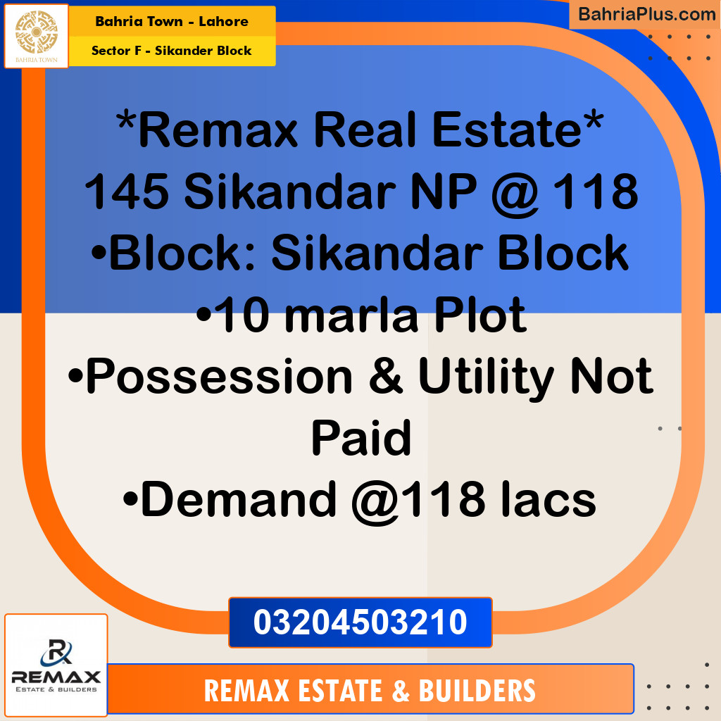10 Marla Residential Plot for Sale in Sector F - Sikander Block -  Bahria Town, Lahore - (BP-308044)