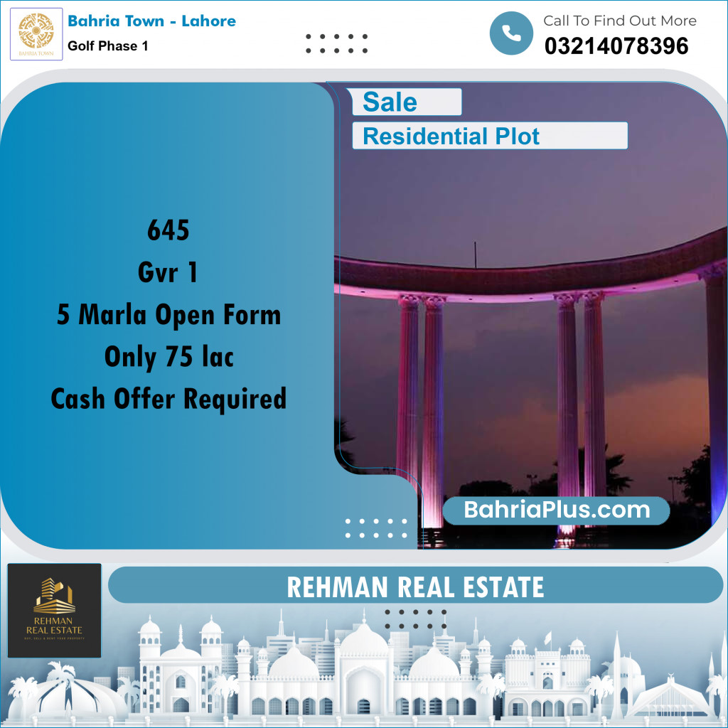 5 Marla Residential Plot for Sale in Golf Phase 1 -  Bahria Town, Lahore - (BP-308095)