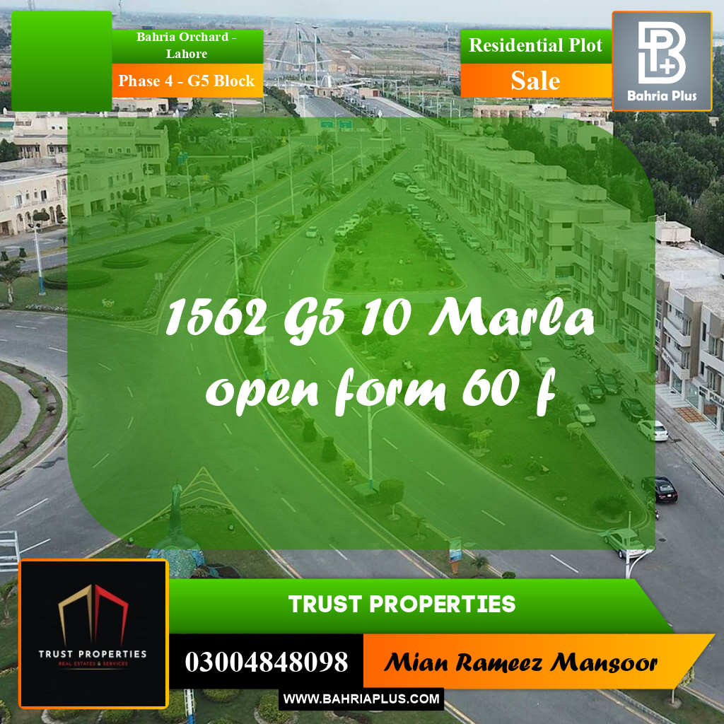 10 Marla Residential Plot for Sale in Phase 4 - G5 Block -  Bahria Orchard, Lahore - (BP-308168)