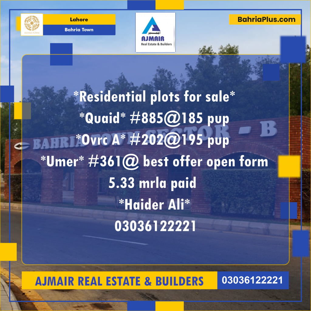 Residential Plot for Sale in Bahria Town, Lahore - (BP-308467)