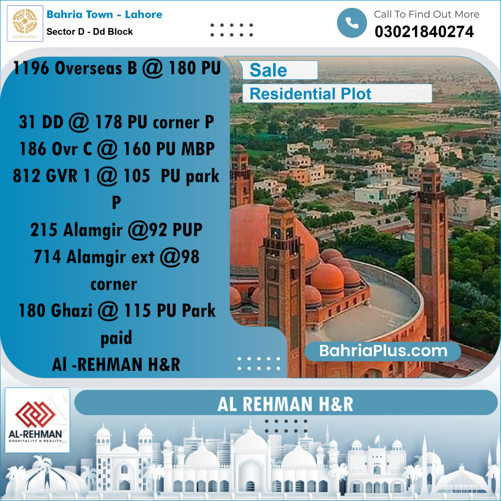 10 Marla Residential Plot for Sale in Sector D - DD Block -  Bahria Town, Lahore - (BP-308512)