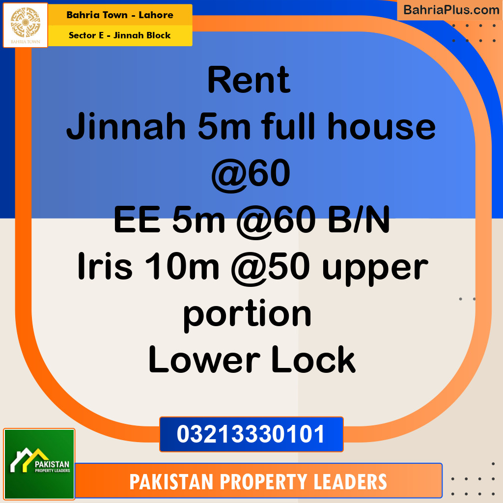 5 Marla Residential House for Rent in Sector E - Jinnah Block -  Bahria Town, Lahore - (BP-308547)