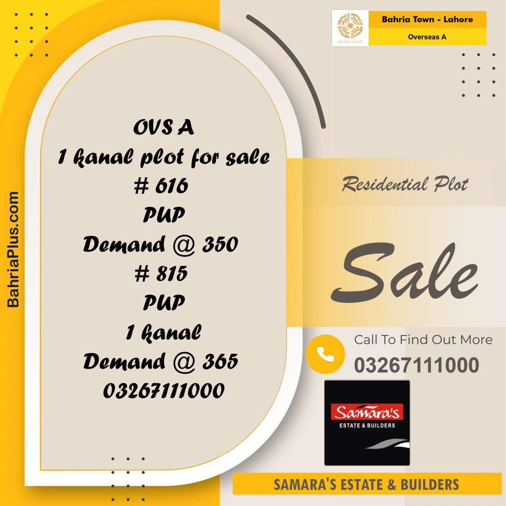 1 Kanal Residential Plot for Sale in Overseas A -  Bahria Town, Lahore - (BP-308586)