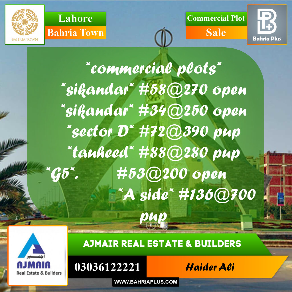 Commercial Plot for Sale in Bahria Town, Lahore - (BP-308603)