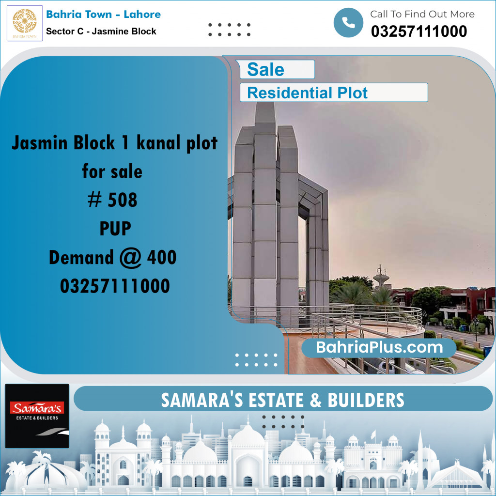 1 Kanal Residential Plot for Sale in Sector C - Jasmine Block -  Bahria Town, Lahore - (BP-308621)