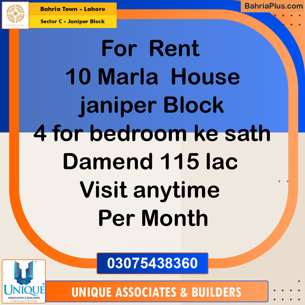 10 Marla Residential House for Rent in Sector C - Janiper Block -  Bahria Town, Lahore - (BP-308778)