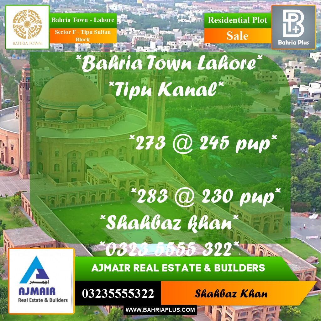 1 Kanal Residential Plot for Sale in Sector F - Tipu Sultan Block -  Bahria Town, Lahore - (BP-308830)