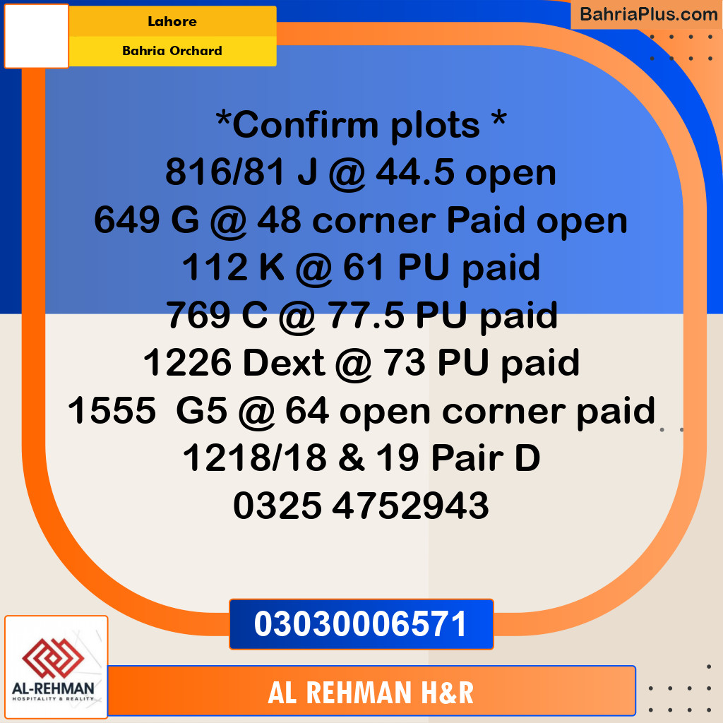 5 Marla Residential Plot for Sale in Bahria Orchard, Lahore - (BP-308909)