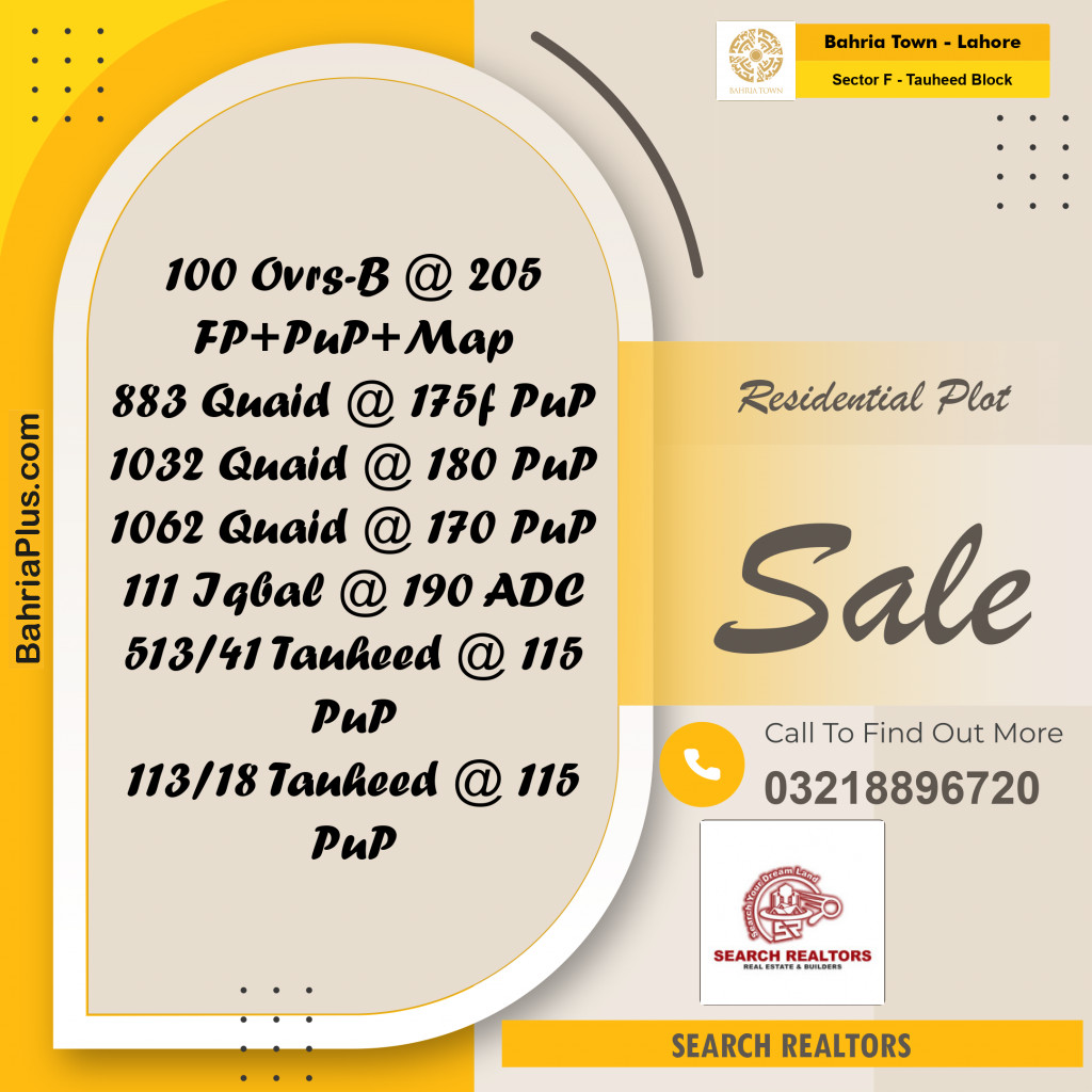 10 Marla Residential Plot for Sale in Sector F - Tauheed Block -  Bahria Town, Lahore - (BP-308914)