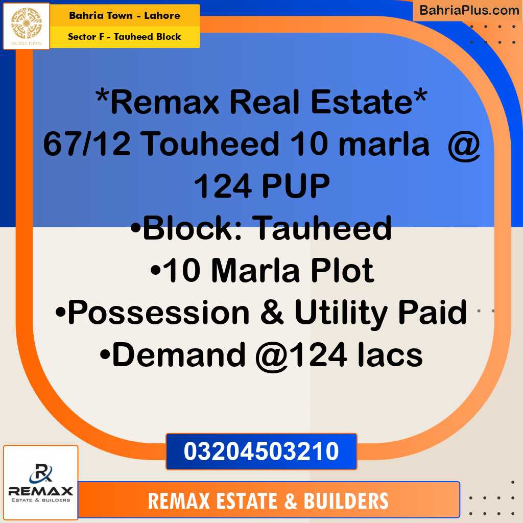 10 Marla Residential Plot for Sale in Sector F - Tauheed Block -  Bahria Town, Lahore - (BP-308963)