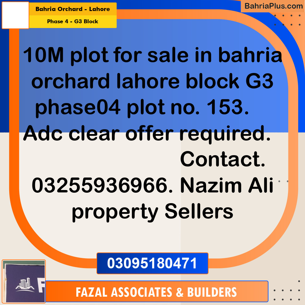 10 Marla Residential Plot for Sale in Phase 4 - G3 Block -  Bahria Orchard, Lahore - (BP-309012)