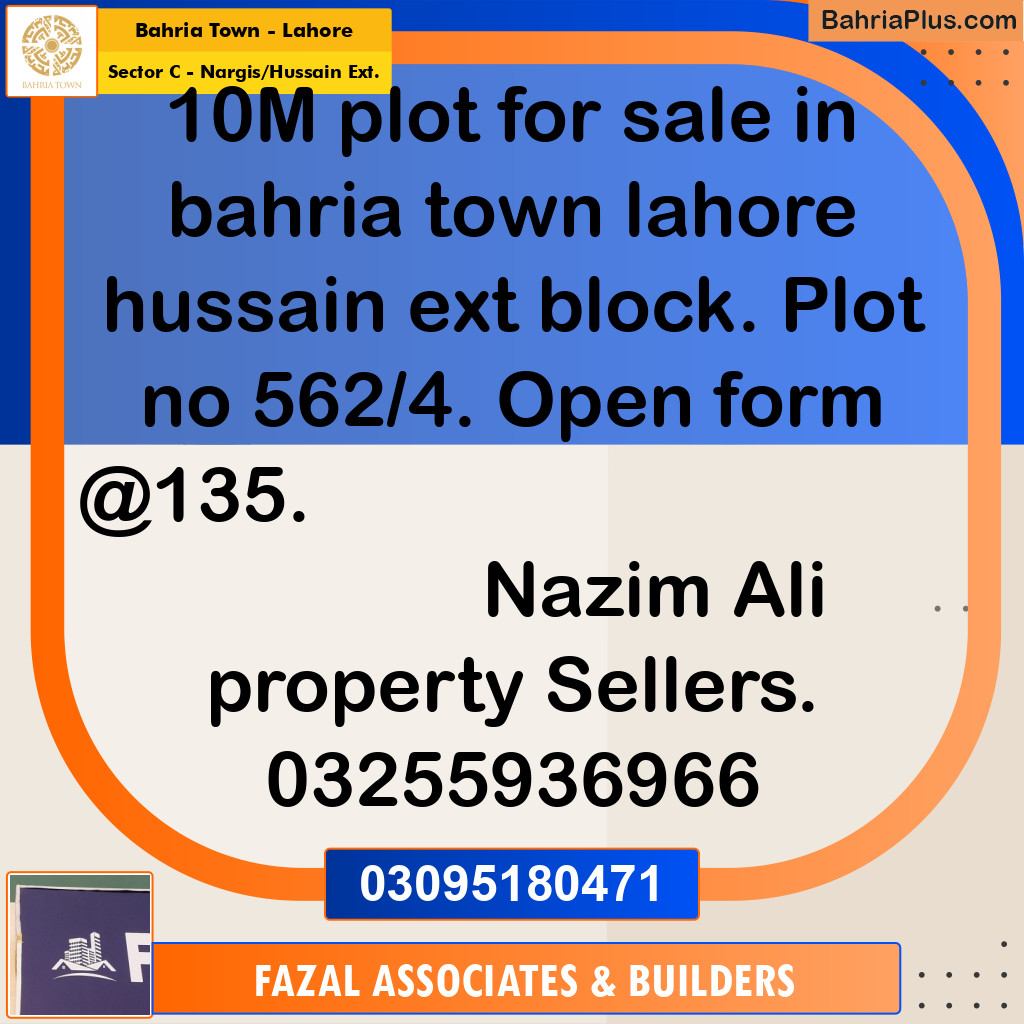 10 Marla Residential Plot for Sale in Sector C - Nargis/Hussain Ext. -  Bahria Town, Lahore - (BP-309014)