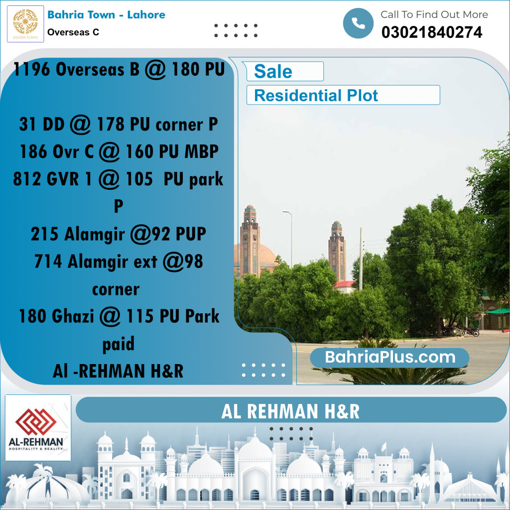 10 Marla Residential Plot for Sale in Overseas C -  Bahria Town, Lahore - (BP-309031)