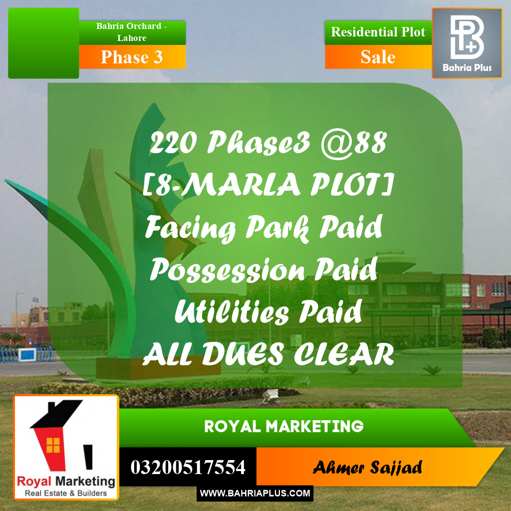8 Marla Residential Plot for Sale in Phase 3 -  Bahria Orchard, Lahore - (BP-309109)