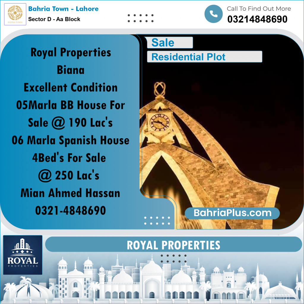 6 Marla Residential Plot for Sale in Sector D - AA Block -  Bahria Town, Lahore - (BP-309121)