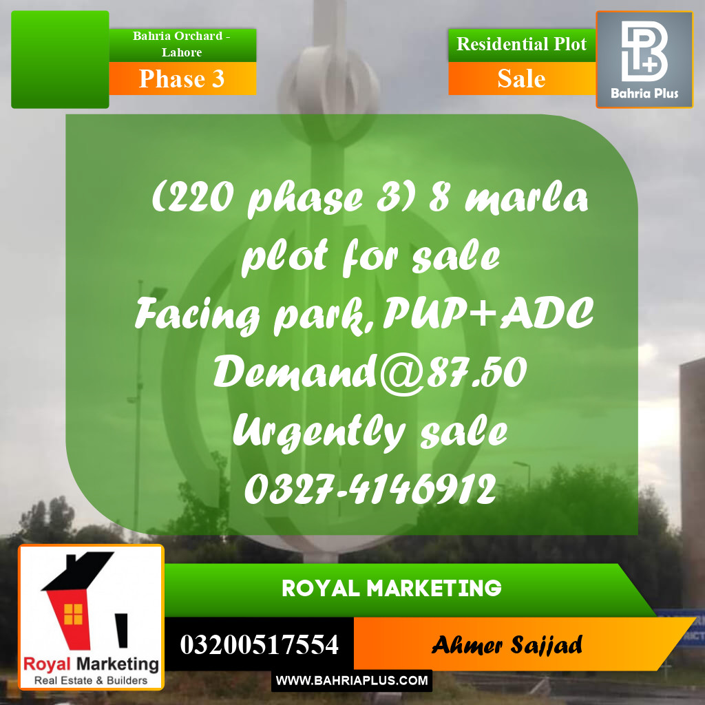 8 Marla Residential Plot for Sale in Phase 3 -  Bahria Orchard, Lahore - (BP-309256)