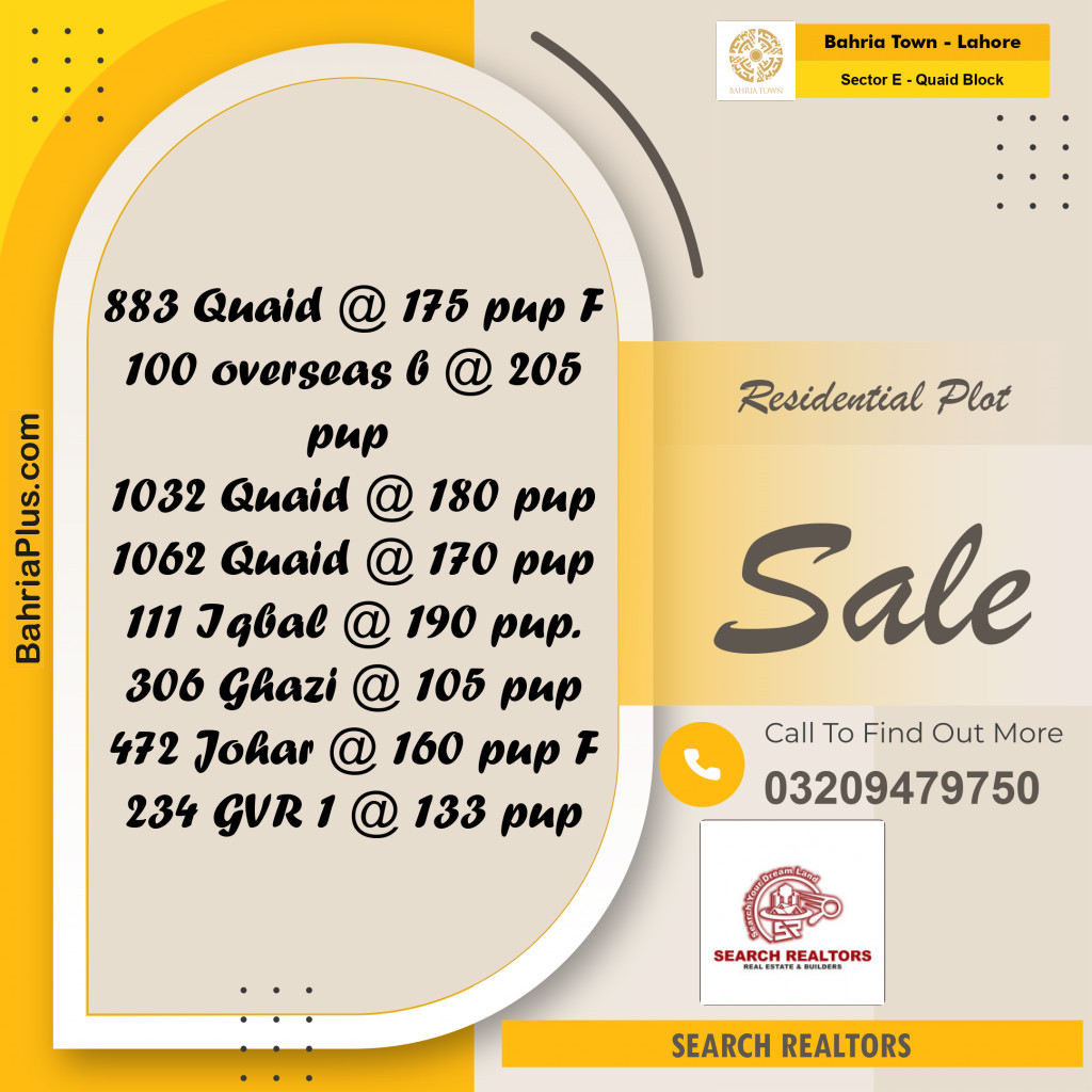 10 Marla Residential Plot for Sale in Sector E - Quaid Block -  Bahria Town, Lahore - (BP-309354)