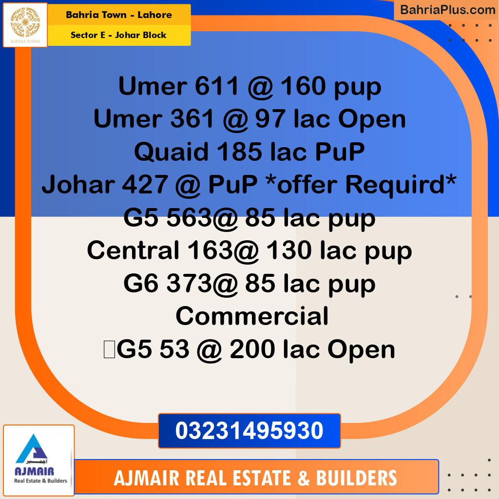 10 Marla Residential Plot for Sale in Sector E - Johar Block -  Bahria Town, Lahore - (BP-309414)