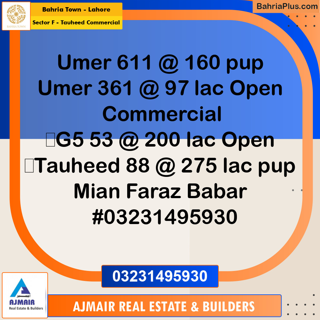 5 Marla Commercial Plot for Sale in Sector F - Tauheed Commercial -  Bahria Town, Lahore - (BP-309415)
