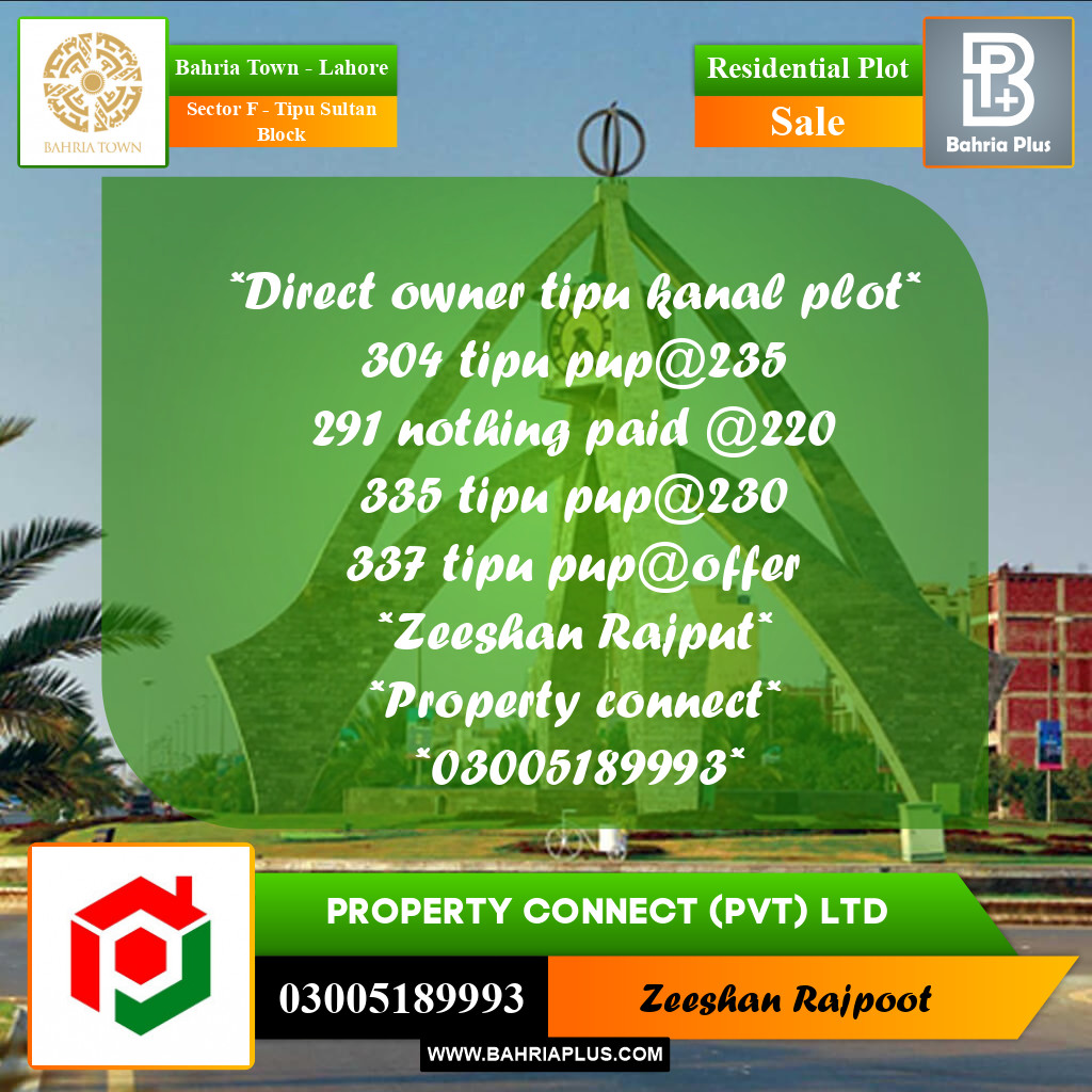Residential Plot for Sale in Sector F - Tipu Sultan Block -  Bahria Town, Lahore - (BP-309544)